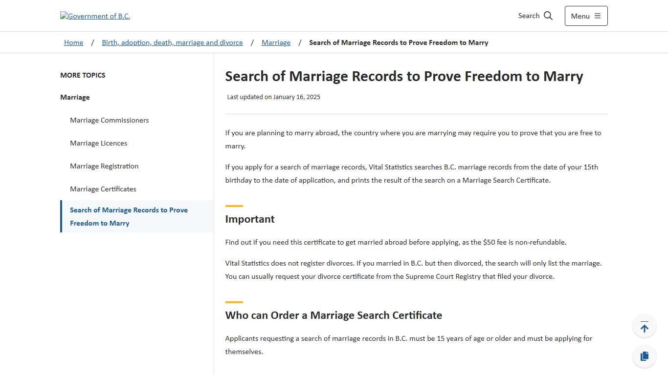 Search of Marriage Records to Prove Freedom to Marry - Province of British Columbia